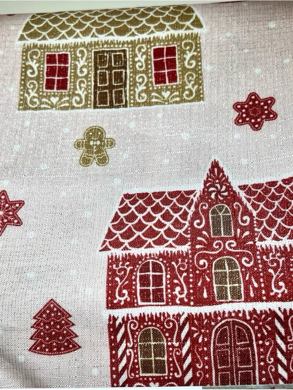 CHRISTMAS GINGERBREAD HOUSES FABRIC SHOWER CURTAIN PINK GOLD METALLIC SPARKLE